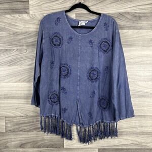 Vintage Papillon Blouse Top Women Medium Blue Y2K Fringe Boho Artsy Lagenlook